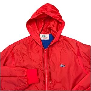 Vintage Alligator Lacoste Red Hooded Jacket Men's L Nylon Fleece Lined Full Zip